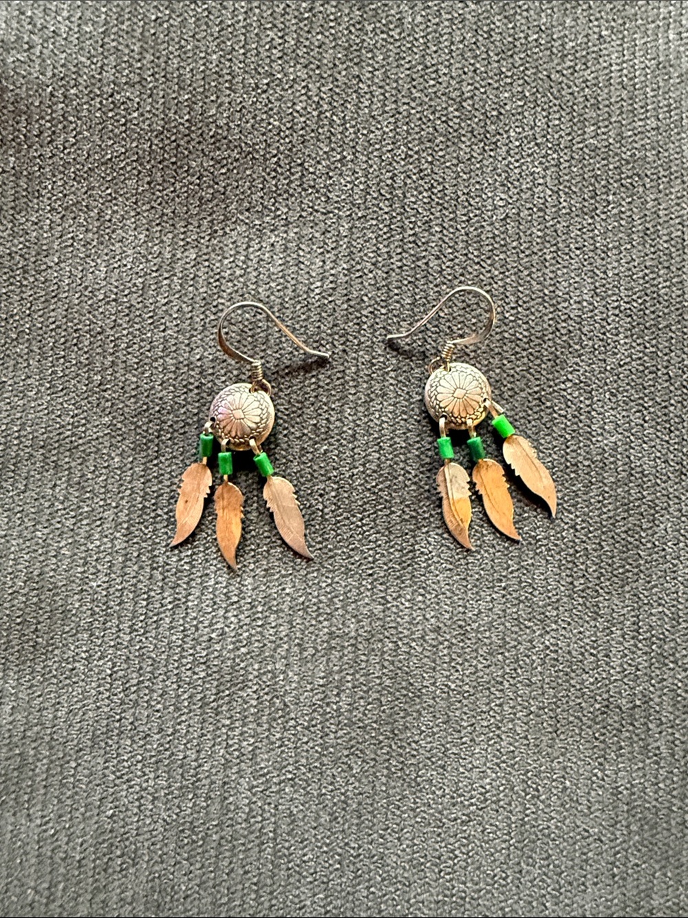 Green Bead Silver Feather Drop Earrings